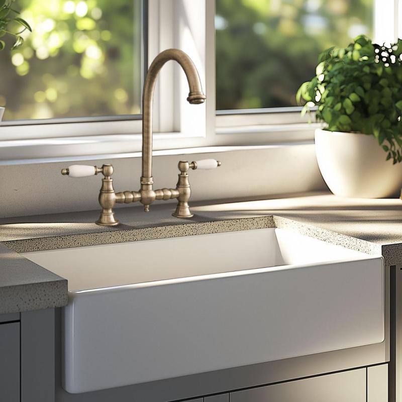 PB Νοσταλγική Γέφυρα Κουζίνας Βρύση Χάλκινη με στρογγυλή ροή και λευκές λαβές PBN.BRO.R.WH