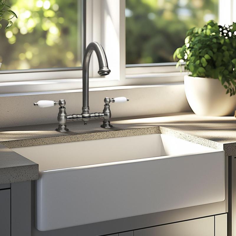 PB νοσταλγική βρύση κουζίνας γέφυρα από ανοξείδωτο ατσάλι με στρογγυλή ροή και λευκές λαβές PBN.RVS.R.WH