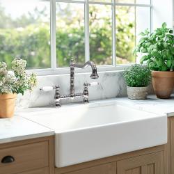 PB Νοσταλγική Βρύση Κουζίνας Γέφυρα Χρώμιο με γωνιακή ροή και λευκές λαβές PBN.CHR.H.WH