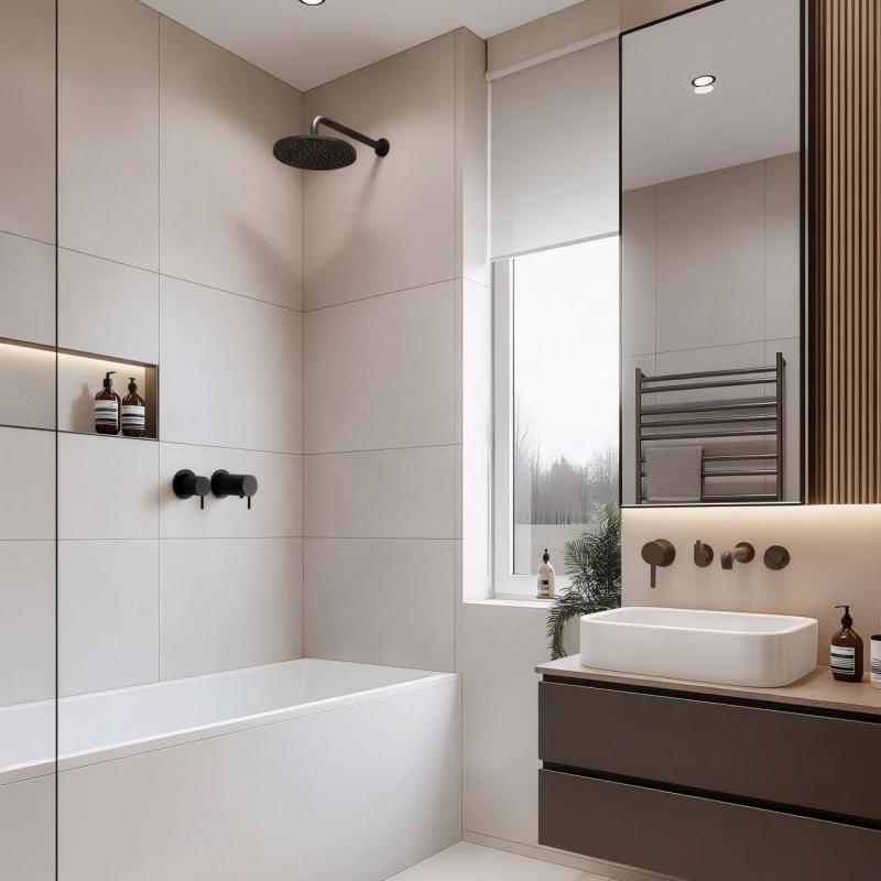 Waterevolution Flow ενσωματωμένος θερμοστάτης ντους με στρογγυλό ροζέτα ματ μαύρο 1208778082 T142TBPR