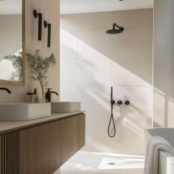 Εξέλιξη Νερού Flow εντοιχιζόμενο σετ ντους ματ μαύρο με θερμοστάτη, ντους βροχής και χειροντούς 1208846402