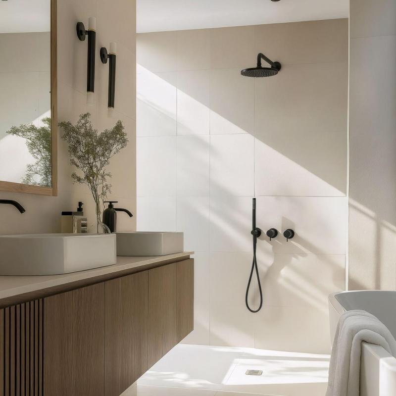 Εξέλιξη Νερού Flow εντοιχιζόμενο σετ ντους ματ μαύρο με θερμοστάτη, ντους βροχής και χειροντούς 1208846402