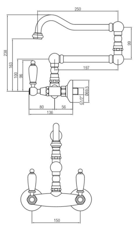 PB κλασική βρύση Τοποθετημένη στον τοίχο λευκοί μοχλοί Εξαιρετικά μακρύς περιστρεφόμενος στομιο RVS 1208854252