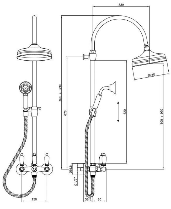 PB κλασικό σετ ντους επιτοίχιο με ντους βροχής τηλεσκοπική στήλη ντους μπρούντζο 1208854882