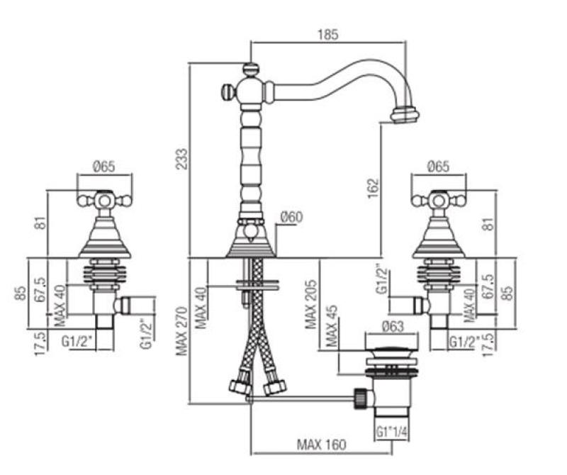 PB κλασική 3 οπών μπαταρία νιπτήρα με λαβές αστέρων, στόμιο 18,5 cm, Χρώμιο 1208854922