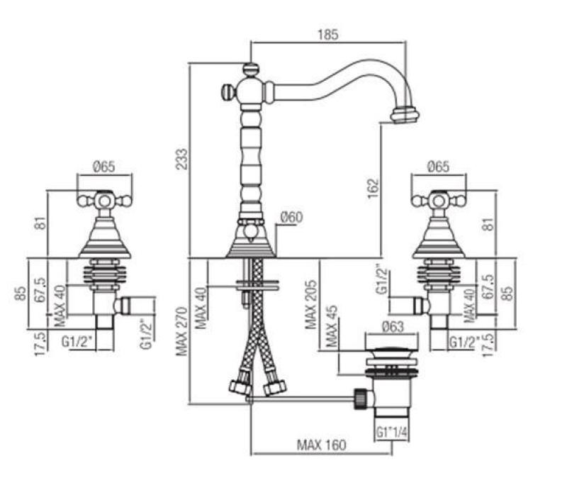PB κλασική μπαταρία νιπτήρα με 3 οπές, χειρολαβές σε σχήμα αστεριού, στόμιο 18,5 cm, ανοξείδωτο ατσάλι 1208854952.
