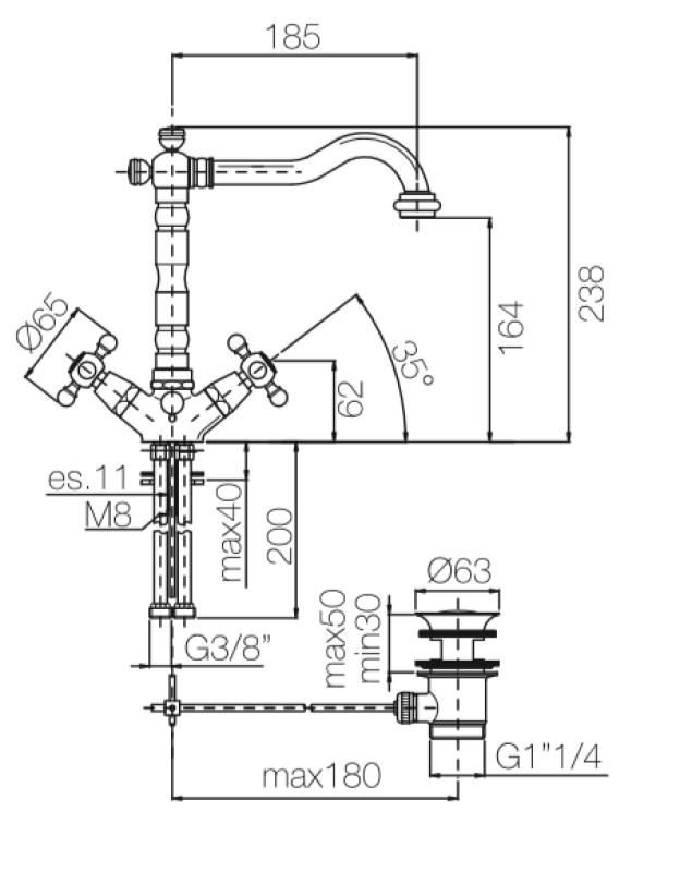 PB κλασική βρύση νιπτήρα με σταυροειδή χερούλια, στόμιο 18,5 cm, ανοξείδωτο ατσάλι 1208854972.