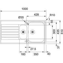 Φράνκε Άργκος AGX 251 1,5 ανοξείδωτος νεροχύτης με αποστράγγιση επίπεδης εντοιχισμένης εγκατάστασης 1000x510 127.0380.391