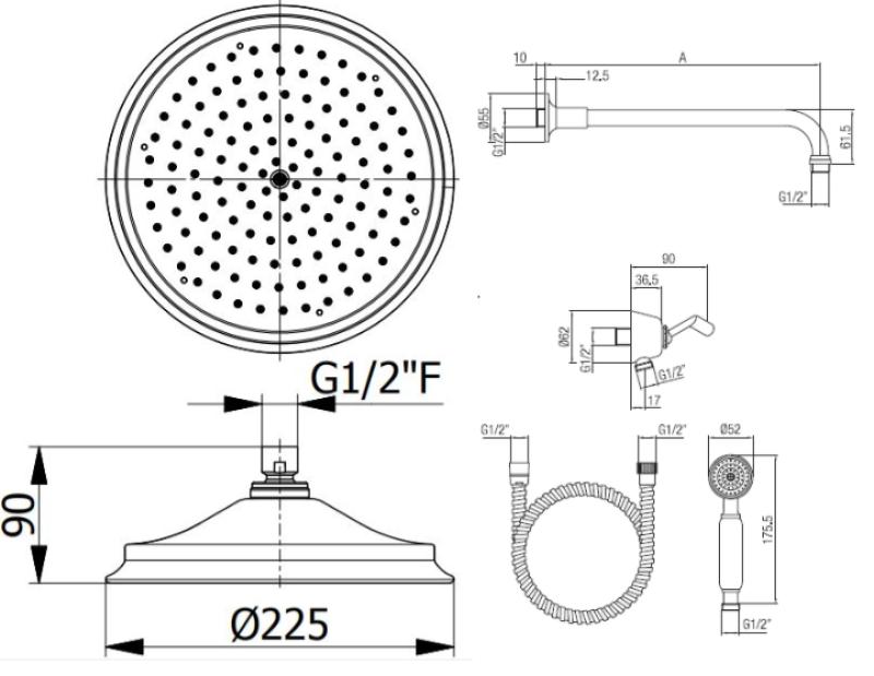 PB κλασικό νοσταλγικό κλασικό σετ εντοιχισμένου ντους χρωμίου με χειροκίνητο ντους και ντους βροχής 225mm 1208953841