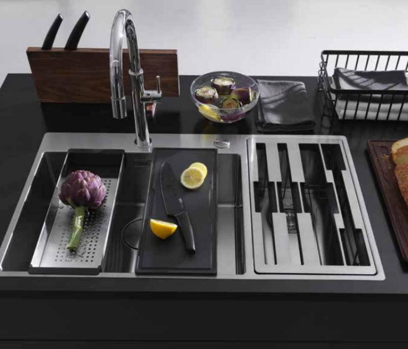 Φράνκε Box Center BWX220-54-27 ανοξείδωτος νεροχύτης με αριστερή θέση, με ξύλο κοπής, σετ μαχαιριών και καλάθι σύρματος 86x51cm 127.0587.643