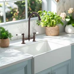 PB Νοσταλγική Γέφυρα Κουζίνας Βρύση σκούρο μπρονζέ με στρογγυλή καμπύλη και λευκές λαβές 1208954665