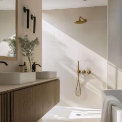 WaterEvolution Flow ingebouwde doucheset met thermostaat, regendouche en handdouche in geborsteld messing