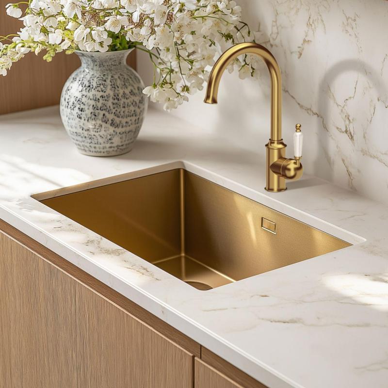 Quadri Workshop Κλασική Νοσταλγική Χρυσή PVD Κουζίνα Βρύση με Κεραμική Λαβή 1208956102