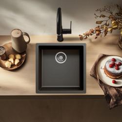 Μαύρος νεροχύτης 40x40cm υποεντοιχισμένος, επιτραπέζιος και επίπεδης κατασκευής με ανοξείδωτο πώμα 1208956390