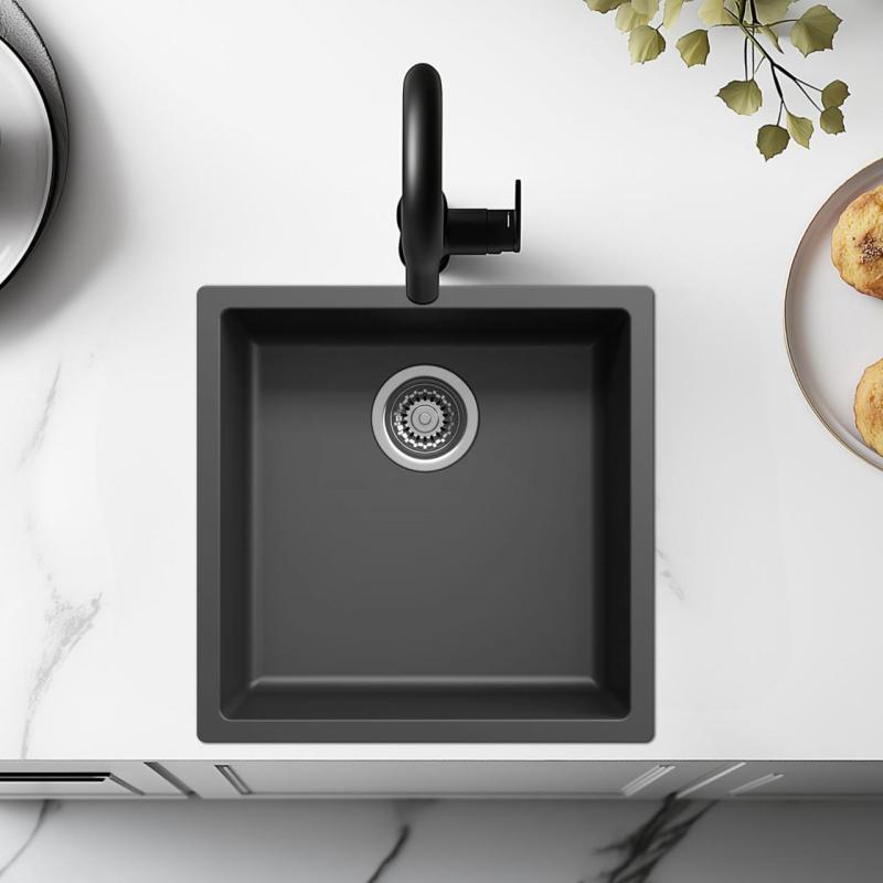 Μαύρος νεροχύτης 40x40cm υποεντοιχισμένος, επιτραπέζιος και επίπεδης κατασκευής με ανοξείδωτο πώμα 1208956390