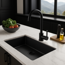 Μαύρος μεγάλος νεροχύτης 70x40cm υποκαθήμενος, επικαθήμενος και ενσωματωμένος με μαύρο βύσμα 1208956401