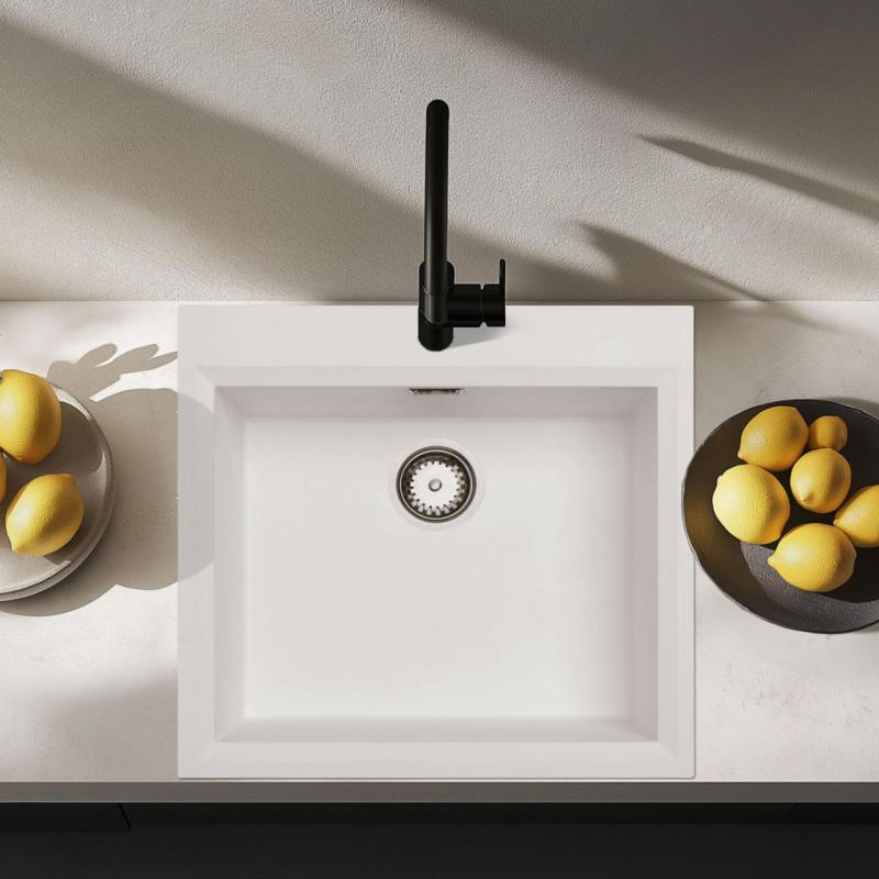 Λευκός εντοιχιζόμενος νεροχύτης 58x53cm με τρύπα για μπαταρία και ανοξείδωτη τάπα 1208956763.