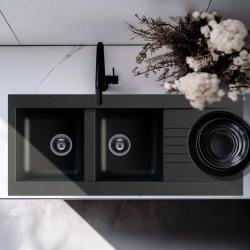 Ausmann Fibre διπλός μαύρος πλαστικός νεροχύτης με δυνατότητα αντιστροφής και επιφάνεια αποστράγγισης, εντοιχισμένος 116x50 cm 1208956787