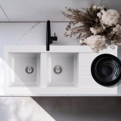 Αυσμάννη Ινώδες διπλός λευκός πλαστικός νεροχύτης αναστρέψιμος με επιφάνεια αποστράγγισης επιτραπέζιος 116x50 εκ 1208956794