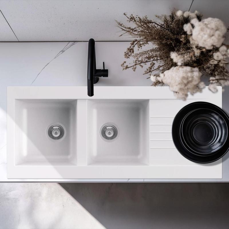 Αυσμάννη Ινώδες διπλός λευκός πλαστικός νεροχύτης αναστρέψιμος με επιφάνεια αποστράγγισης επιτραπέζιος 116x50 εκ 1208956794