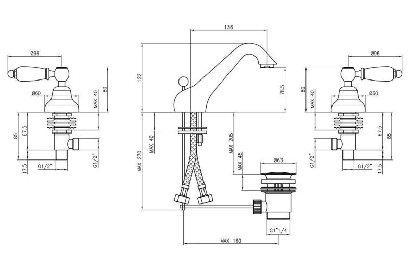 PB κλασική βρύση 3 οπών χαμηλή βρύση νιπτήρα Λευκές λαβές Χάλκινο 1208956907