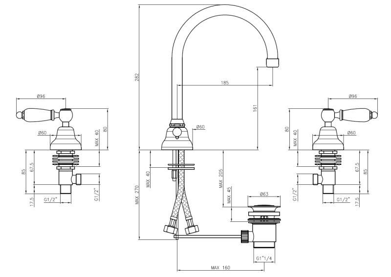 PB κλασική μπαταρία νιπτήρα 3 οπών Λευκές λαβές με στρογγυλή ροή Χρώμιο 1208956912