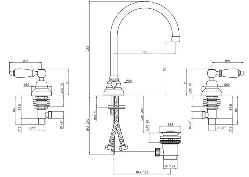 PB κλασική βρύση 3 οπών για νιπτήρα. Λευκοί μοχλοί με στρογγυλή ροή, μπρούντζος 1208956913.