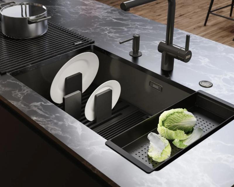 Φράνκε Mythos αριστούργημα μαύρο σχάρα βάσης και σχάρα αποστράγγισης πιάτων 676x401mm 112.0676.895