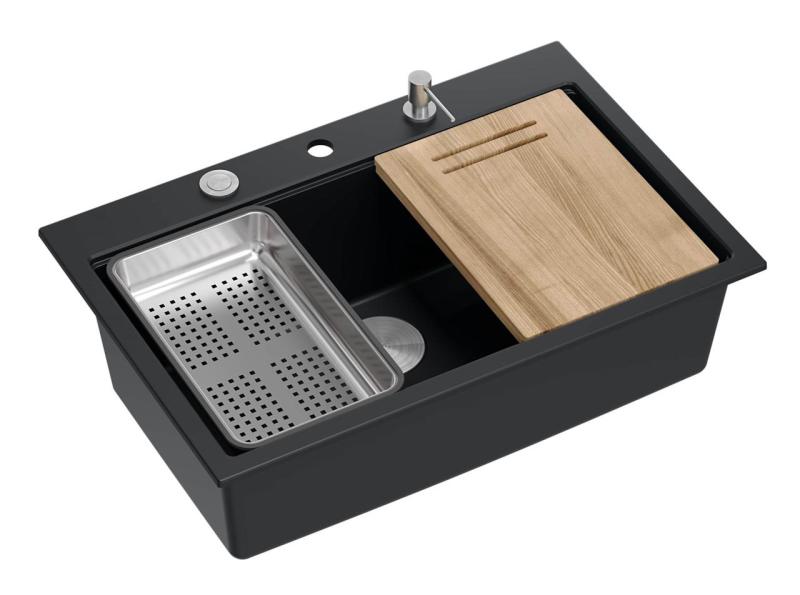 Quadri μαύρος ματ σκληρός γρανίτης νεροχύτης επιφάνειας 76x50cm με αξεσουάρ 1208957201