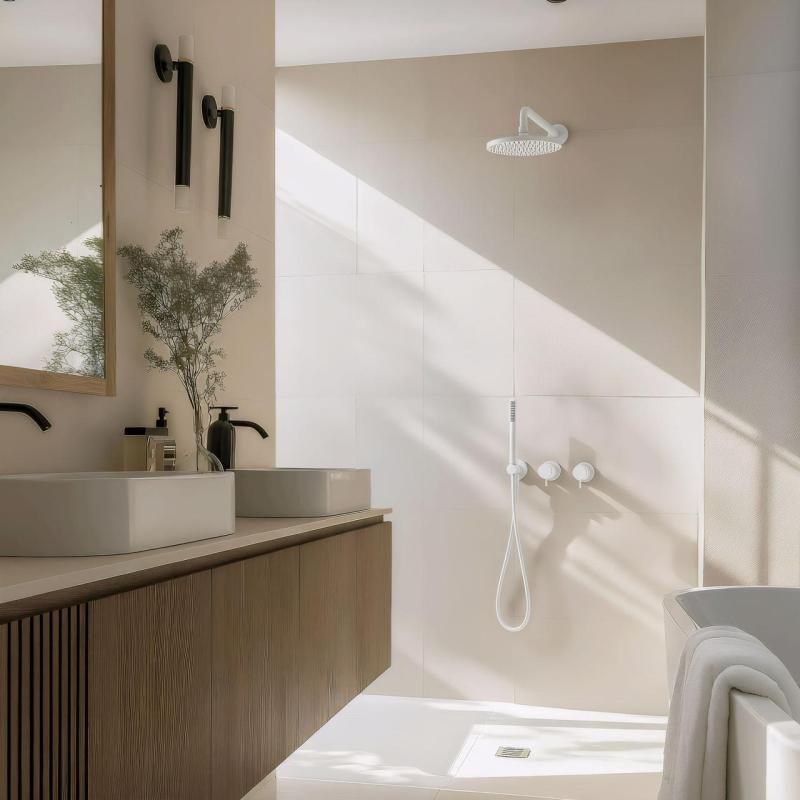 Waterevolution Flow ενσωματωμένο σετ ντους ματ λευκό με θερμοστάτη ντους βροχής και χειροκίνητο ντους 1208957344