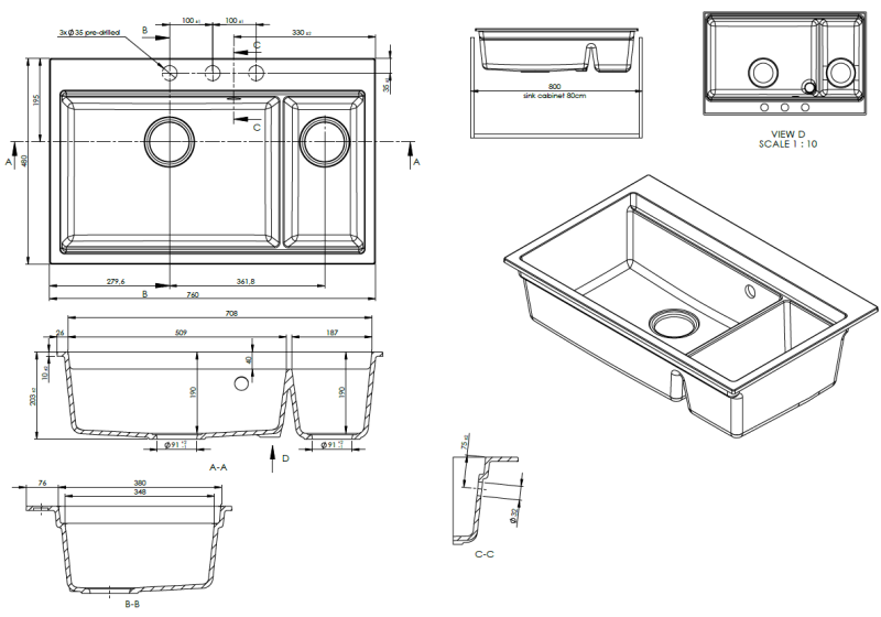 GraniteMy Limited μεγάλη 1,5 γρανιτένιος εντοιχιζόμενος και υποεντοιχιζόμενος μαύρος νεροχύτης με αξεσουάρ 76x48 cm 1208957389