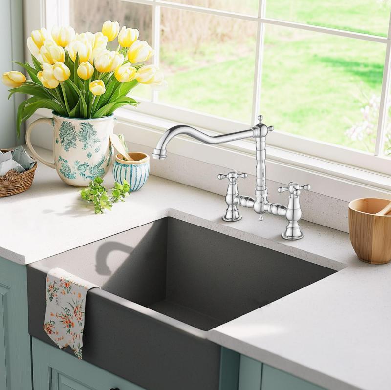 AquaTrimo Windsor 2 οπών κλασική κουζίνα νοσταλγική γέφυρα μπαταρία κουζίνας με γωνιακή ροή χρωμίου 21WS7653CM