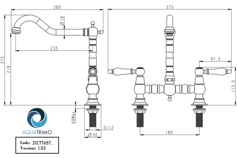 AquaTrimo Country 2 τρύπες κλασική κουζίνα νοσταλγική γέφυρα μπάνιου με ορθή έξοδο χρωμίου 21CT7657CM