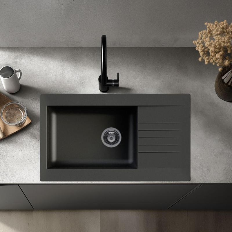 Ausmann Fibre νεροχύτης μαύρος αναστρέψιμος με επιφάνεια αποστράγγισης επιφάνειας 86x50 cm 1208957665