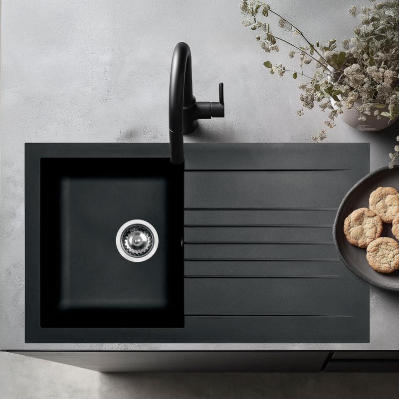 Ausmann Fibre νεροχύτης μαύρος αναστρέψιμος με επιφάνεια αποστράγγισης επιφάνειας 86x50 cm 1208957665