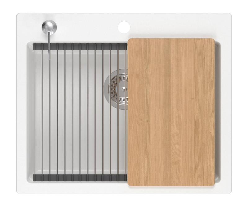 Quadri Durham λευκός γρανίτης επιφάνειας νεροχύτης 595x500 με διανομέα σαπουνιού, κόφτη, ρολό ματ, δεξαμενή ενσωμάτωσης και ρολό ματ 1208957903