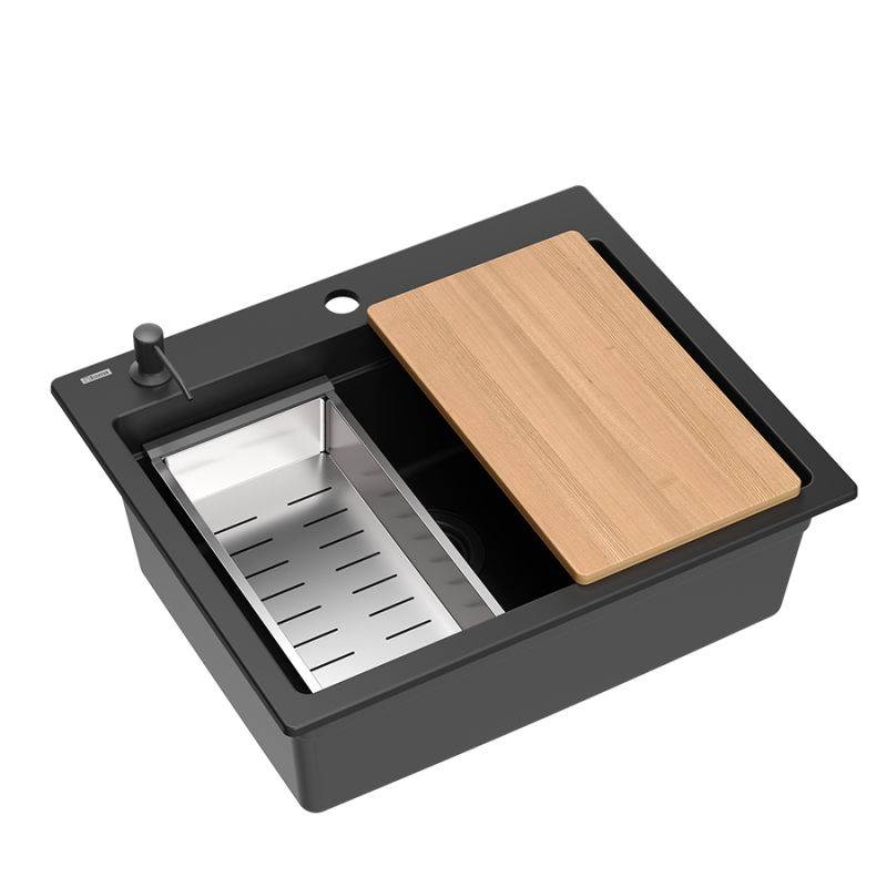 Quadri Durham μαύρος γρανίτης επιφάνειας νεροχύτης 595x500 με διανομέα σαπουνιού, κόφτη, επιφάνεια εργασίας και ρολό ματ 1208957904