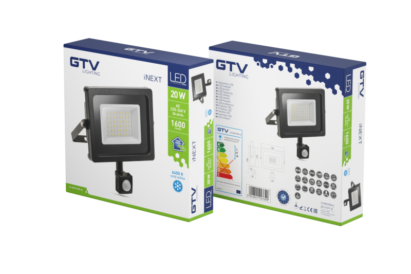 LED προβολέας iNEXT με αισθητήρα κίνησης 20W 1600lm, PF>0,9, RA>80, IP65, 120°, 6400K, μαύρο σώμα 1208962859