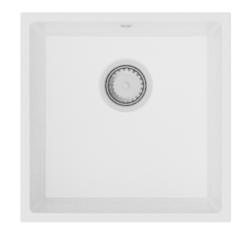 GraniteMy Universal γρανιτένιος λευκός νεροχύτης 40x40 εκ. λευκός επιτραπέζιος, υποκατασκευασμένος και ισοεπίπεδος με ανοξείδωτο πώμα 1208966879.