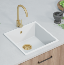 GraniteMy Universal γρανιτένιος λευκός νεροχύτης 40x40 εκ. λευκός επιτραπέζιος, υποκατασκευασμένος και ισοεπίπεδος με ανοξείδωτο πώμα 1208966879.