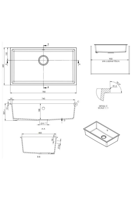 Granitemy Universal μεγάλος λευκός νεροχύτης από γρανίτη 74x40 cm λευκός επιφάνειας, υποκατασκευής και ενσωματωμένης τοποθέτησης με ανοξείδωτο πώμα 1208967111.
