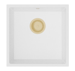 GraniteMy Universal λευκός νεροχύτης γρανίτη 40x40 cm λευκός για επιτραπέζια, υποκατασκευή και ενσωματωμένη εγκατάσταση με χρυσό βύσμα 1208967127