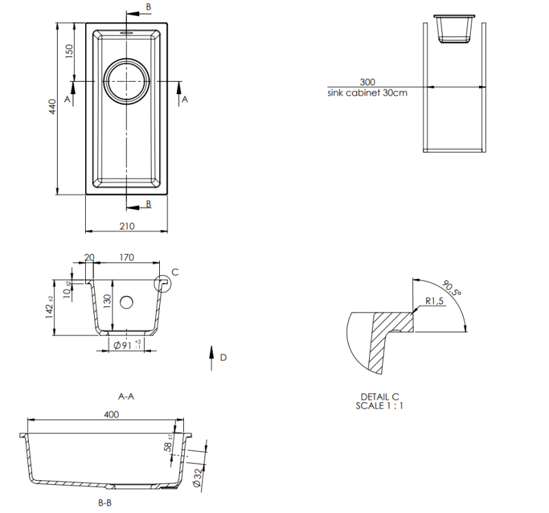 GraniteMy Universal γρανίτης μικρό μαύρο νεροχύτη 17x40 εκατοστά μαύρο επιφάνειας, υποδοχής και εντοιχισμένο με χάλκινη πρίζα 1208967141