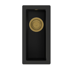 GraniteMy Universal γρανίτης μικρό μαύρο νεροχύτη 17x40 cm μαύρος επιφανειακός, υποδομή και επίπεδη ενσωμάτωση με χρυσή βύσμα 1208967142