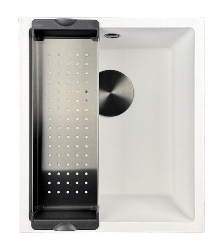 GraniteMy Universal γρανίτης λευκός νεροχύτης 34x40 εκ. λευκός επιφάνειας, υποδομής και ομαλής επιφάνειας με μαύρο πώμα 1208967147