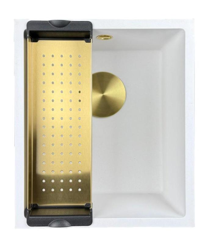 GraniteMy Universal γρανιτένιος λευκός νεροχύτης 34x40 cm λευκός επιτραπέζιος, υποκαθήμενος και εντοιχισμένος με χρυσό βύσμα 1208967149