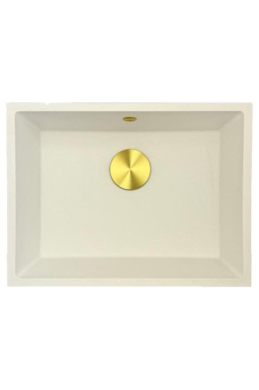 GraniteMy Οικουμενικός γρανιτένιος λευκός νεροχύτης 55x40 εκατοστά λευκός επιφανειακή τοποθέτηση, υποδομή και επίπεδη εγκατάσταση με χρυσή βύσμα 1208967155