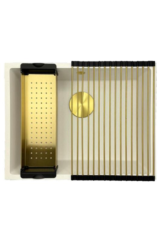 GraniteMy Οικουμενικός γρανιτένιος λευκός νεροχύτης 55x40 εκατοστά λευκός επιφανειακή τοποθέτηση, υποδομή και επίπεδη εγκατάσταση με χρυσή βύσμα 1208967155