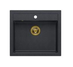 Quadri Αγρόκτημα αγροτικού στυλ εντός ή επάνω τοποθέτησης γρανιτένιος νεροχύτης ανθρακί με χρυσό πώμα 595x540mm 1208967267