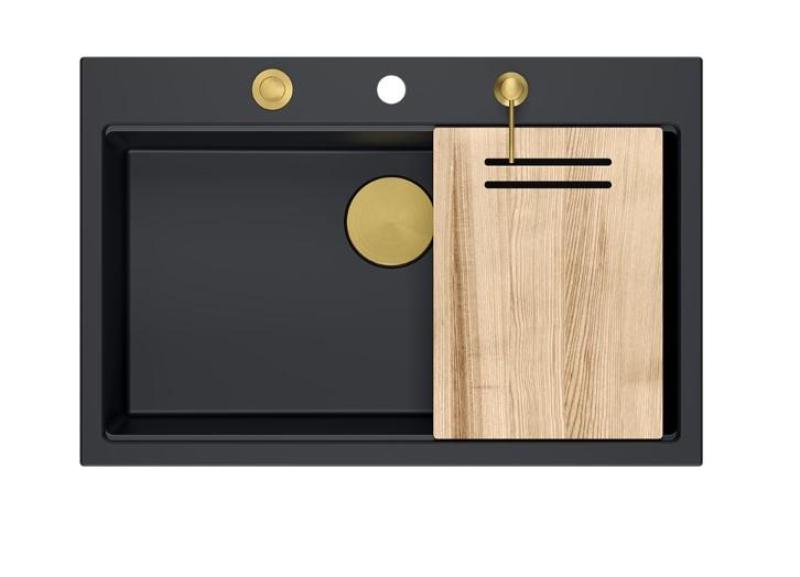 Quadri Hard Rock μαύρος ματ γρανιτένιος νεροχύτης μεγάλου μεγέθους 76x50cm με χρυσό βύσμα και αξεσουάρ 1208967277